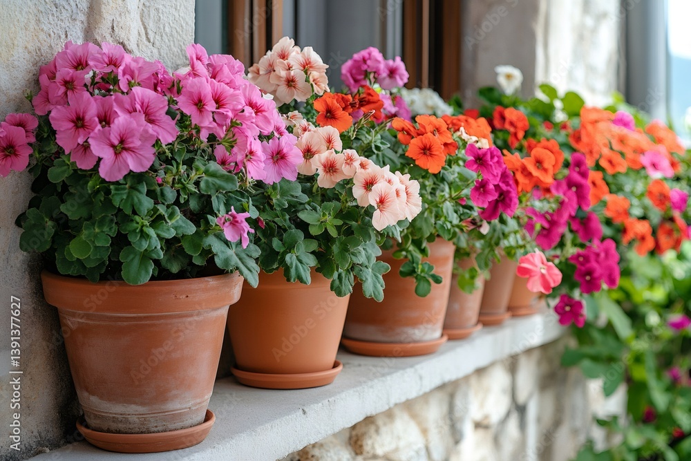 Obraz premium Colorful geranium flowers growing in terracotta pots decorating a window sill