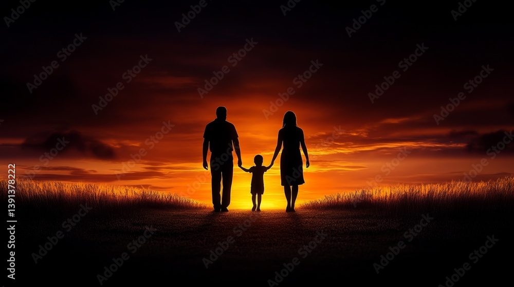 A family silhouette standing together against a glowing sunset, symbolizing unity and love A family silhouette standing together against a glowing sunset, symbolizing unity and love