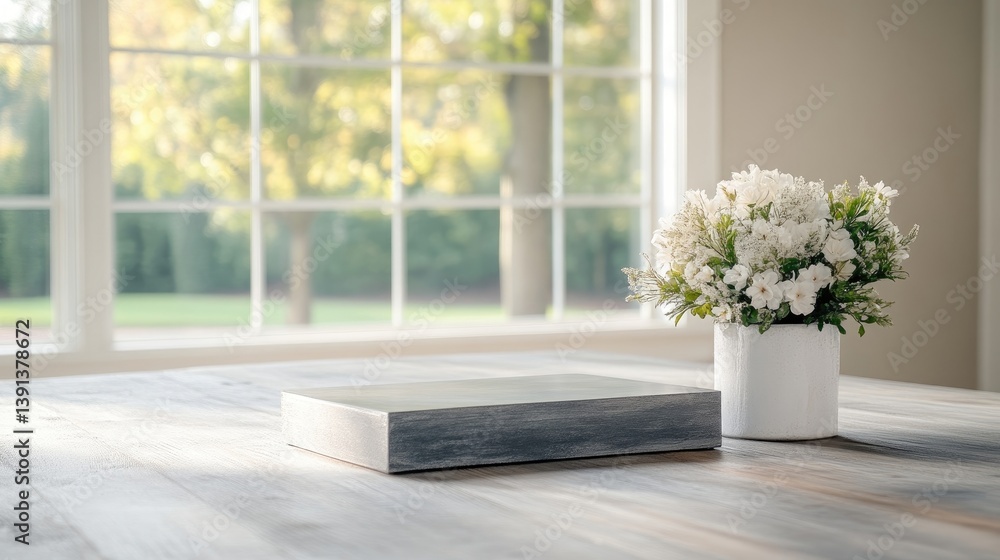 Obraz premium Rustic wooden table, display platform, white flowers, sunny window