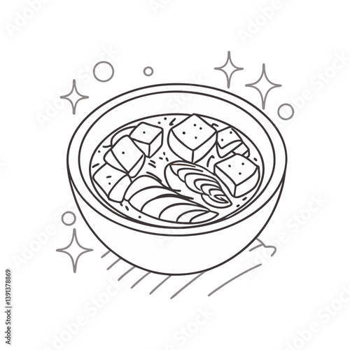 Miso soup bowl vector with tofu and seaweed in clean outline style for Japanese food and cozy meal themes