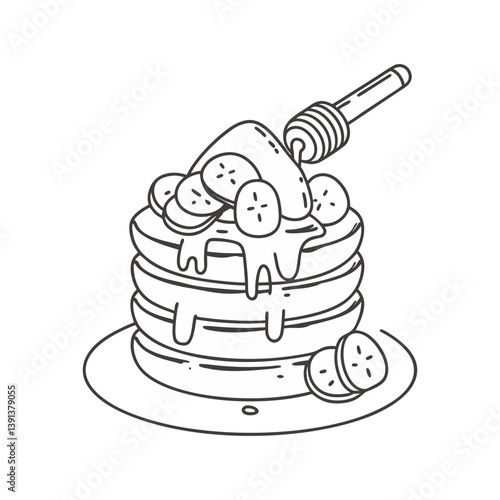 Banana pancake stack vector with syrup and honey dipper in clean black and white line art style
