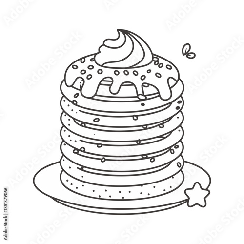 Tall pancake stack vector with syrup, whipped cream, and sprinkles in cute black and white line art style
