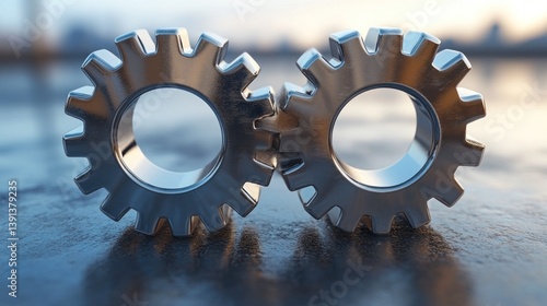 Two interconnected metal gears represent collaboration, precision engineering and industrial