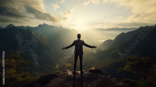 Rear view of businessman in suit standing on top of mountain and stretching his arms to welcome the wind and golden morning sunlight. Amazing clouds and mountains in the background. Concept of success