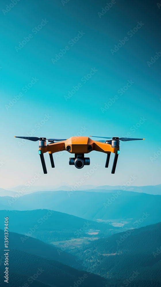 Naklejka premium Vibrant Drone Flying Over Scenic Mountain Landscape in Clear Sky