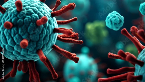 Multiple virions are floating towards the camera. The virions spherical, teal-colored core covered in numerous red, spike-like projections. Microscopic enlargement