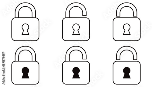 Set of  Lock icon collection. Locked and unlocked black line icon set. Flat security symbol. Vector illustration. 
