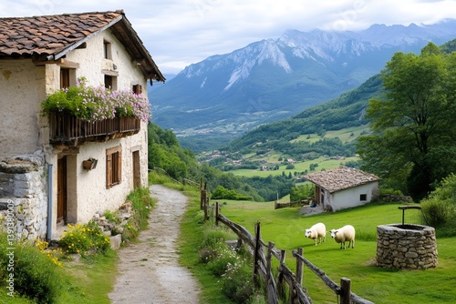 Fototapeta Naklejka Na Ścianę i Meble -  Sheep grazing near traditional house in idyllic mountain valley in French Pyrenees