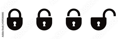 Set of  Lock icon collection. Locked and unlocked black line icon set. Flat security symbol. Vector illustration. 