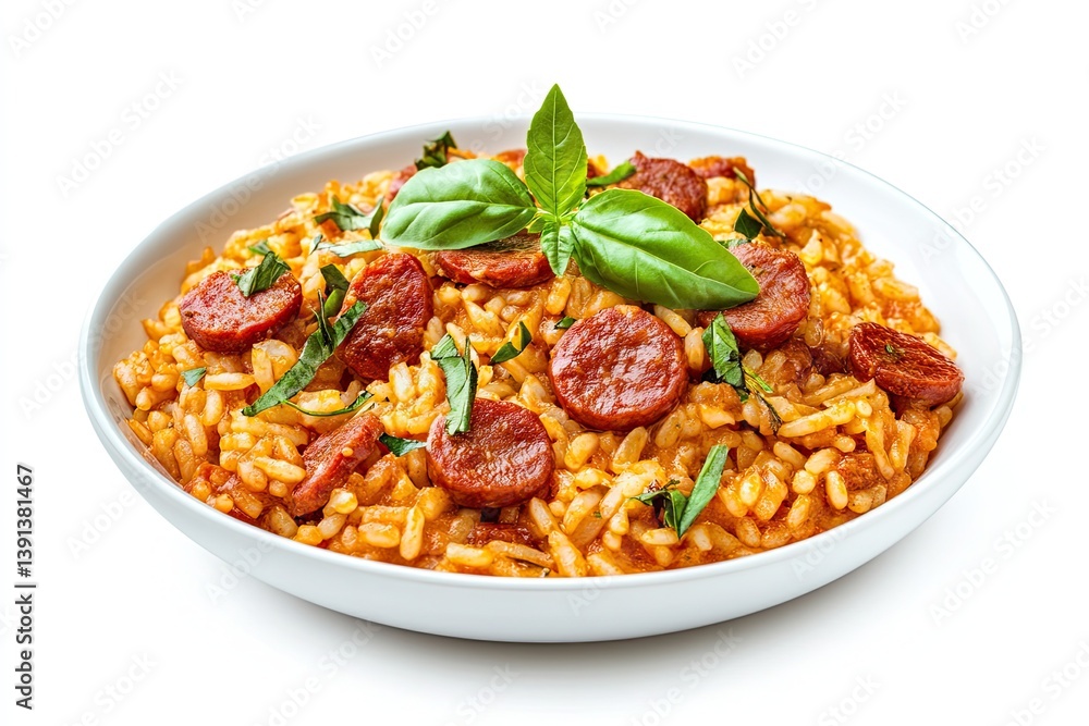 A realistic photo of Chorizo and Manchego Risotto, hyper-realistic, isolated on white A realistic photo of Chorizo and Manchego Risotto, hyper-realistic, isolated on white