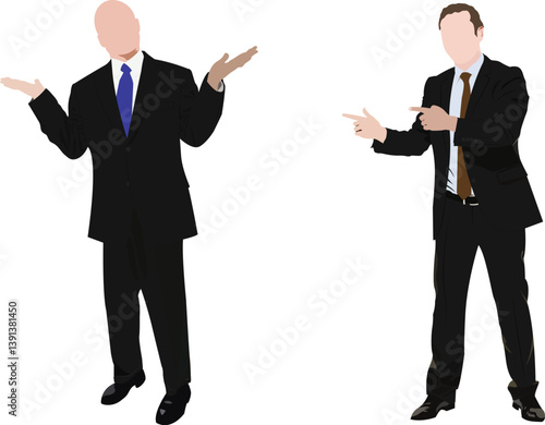 Two businessperson standing together, one is suprised and other pointing at him. Vector illustration.