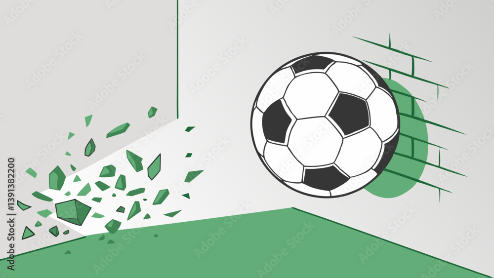 Obraz premium white and black soccer ball breaking with great force through white-green illuminated wall under spot light background. 3D high quality rendering. 3D illustration. 3D CG. 