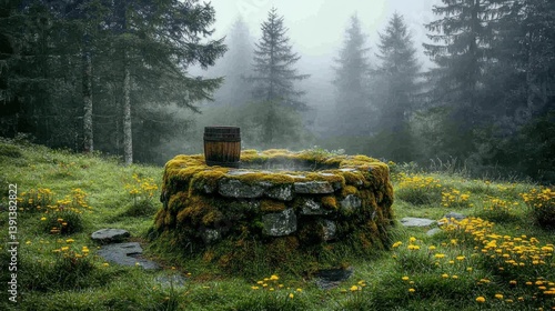 Old stone well with moss in a mystical foggy forest landscape scenery