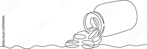 Continuous one line drawing jar with pills.Tablets and pills.Bottle of medicine.