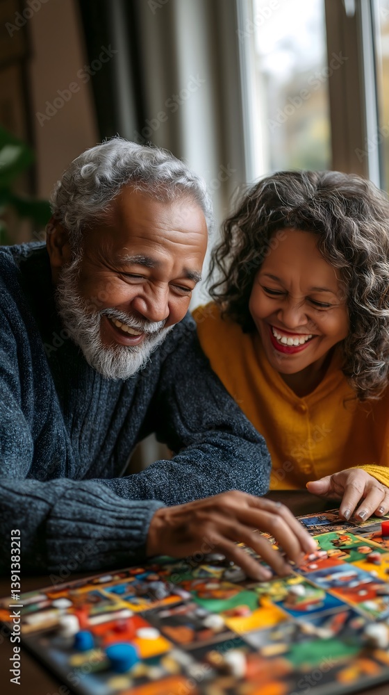 Elderly couple enjoys quality time together while playing a board game indoors. Generative AI Elderly couple enjoys quality time together while playing a board game indoors. Generative AI