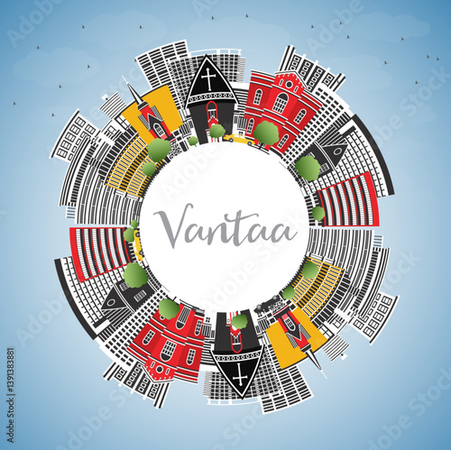 Vantaa Finland city skyline with color buildings, blue sky and copy space. Vantaa cityscape with landmarks. Travel and tourism concept with modern and historic architecture.