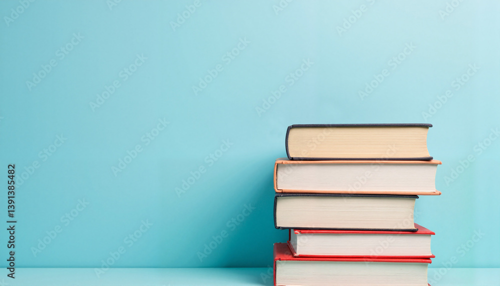 Stack of books on soft blue background, knowledge and learning Stack of books on soft blue background, knowledge and learning