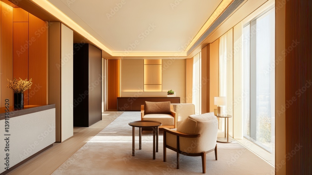 Modern interior of a luxurious hotel room featuring elegant furniture and warm lighting Modern interior of a luxurious hotel room featuring elegant furniture and warm lighting