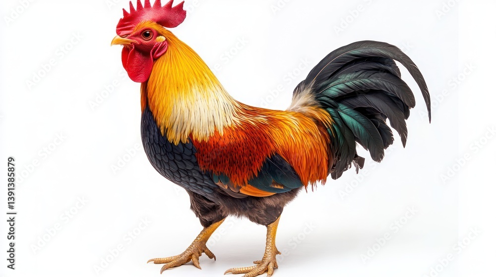 Fototapeta premium Colorful rooster standing, studio shot, white background, farm animal