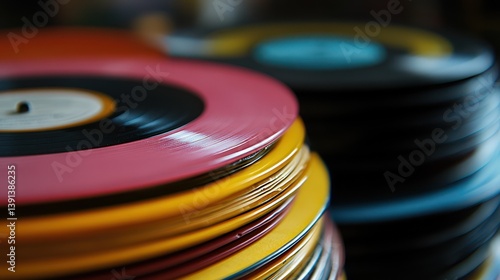 Colorful vinyl records stacked, close-up, music store background, album collection