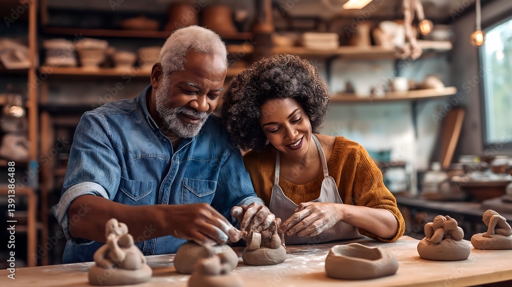 Couple engaged in pottery making together in a cozy workshop during daylight. Generative AI Couple engaged in pottery making together in a cozy workshop during daylight. Generative AI