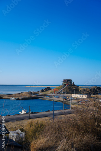 ウミネコ神社と冬の青空｜蕪嶋神社に舞うウミネコたち（青森・八戸