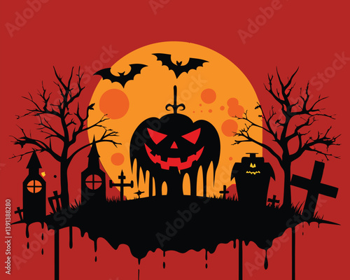 Spooky Halloween Night with Jack.o'.Lantern and Bats