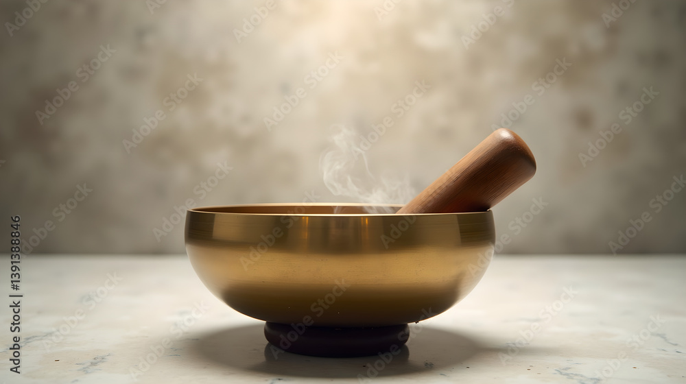 a brass singing bowl with mallet, styled in in light concrete and cloud tones a brass singing bowl with mallet, styled in in light concrete and cloud tones