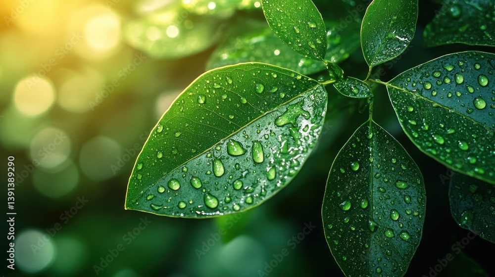 Fototapeta premium Fresh green leaves covered in water droplets, glistening in the sunlight