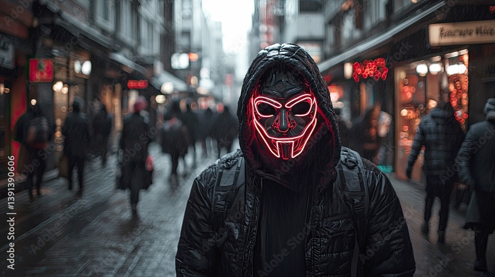 Mysterious Figure in Neon Mask: A Dark Urban Night Scene Mysterious Figure in Neon Mask: A Dark Urban Night Scene