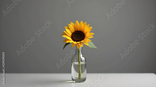 a single sunflower in a slim bottle