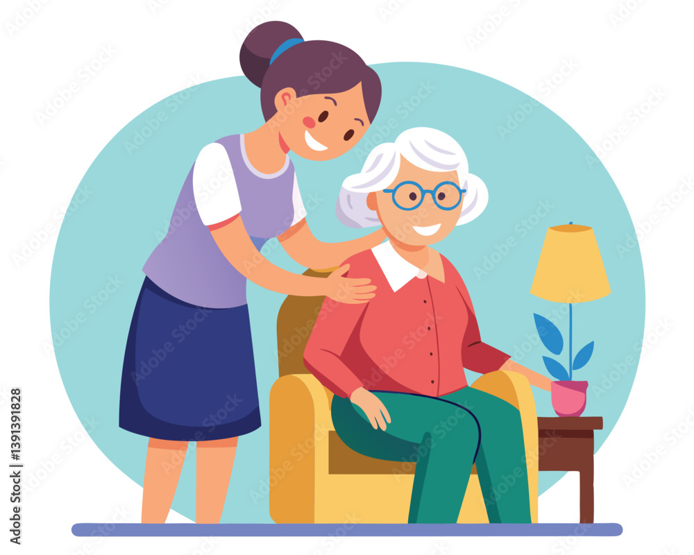 Caring for Elderly. A Young Woman Assists Senior Woman at Home Caring for Elderly. A Young Woman Assists Senior Woman at Home