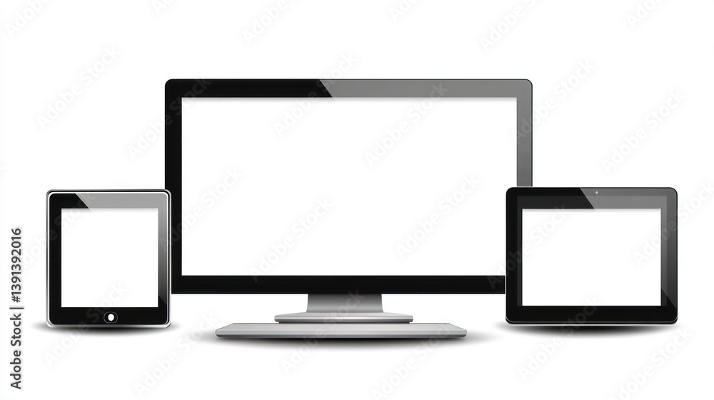 Blank screen devices, desktop, tablet, phone, white background, technology mockup Blank screen devices, desktop, tablet, phone, white background, technology mockup