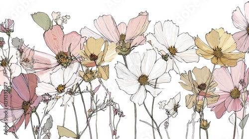 Fototapeta Naklejka Na Ścianę i Meble -  Beautiful seamless floral water color pattern Set, watercolor wild flowers, leaves and grass,Collection botanic garden elements. Vector isolated illustration in rustic or vintage style,copy space.