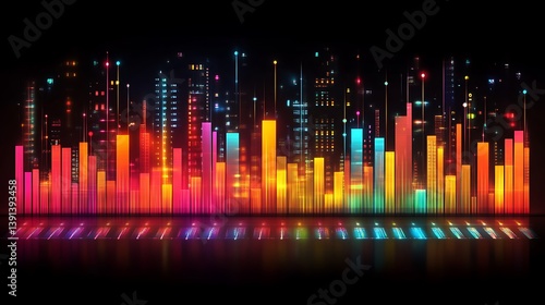 Vibrant city skyline at night, visualized as a colorful audio equalizer.