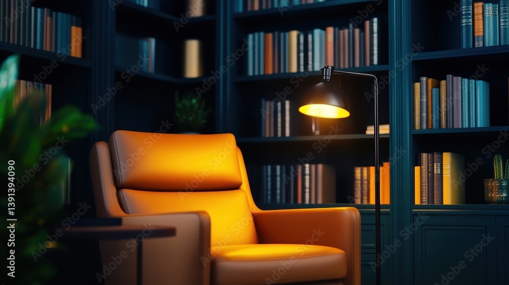 Cozy reading corner with an orange armchair and a warm lamp in a dark library setting Cozy reading corner with an orange armchair and a warm lamp in a dark library setting