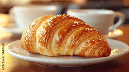 Buttery croissant on plate with coffee cups.