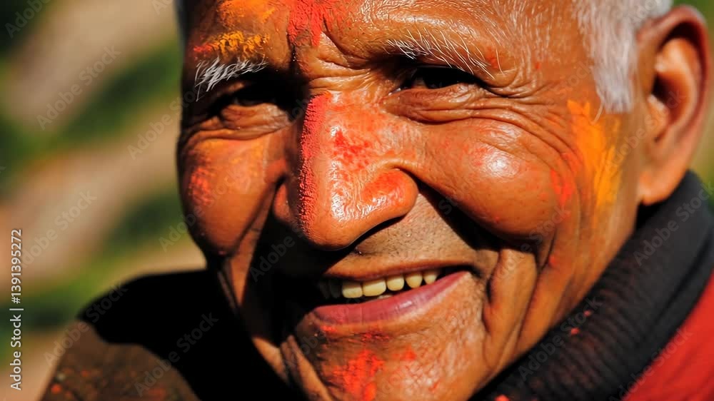 Elderly man with joyful expression celebrating colorful festival outdoors in the countryside during daytime Elderly man with joyful expression celebrating colorful festival outdoors in the countryside during daytime