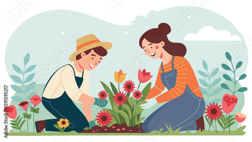 a cartoon couple arranging a flower bed vector art