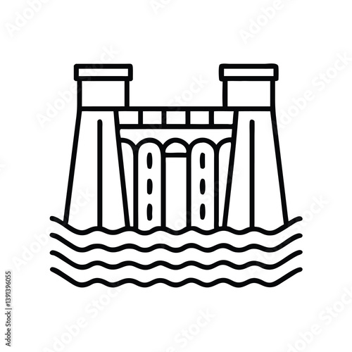 Dam Outline Icon With Water Waves Simple Vector Illustration