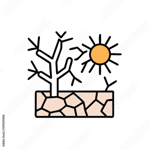 Drought Illustration Showing Dry Tree And Sun Symbolizing Climate Change