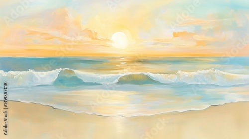 Golden sun dipping into the calm sea, warm light reflecting on gentle waves under a pastel-colored sky
