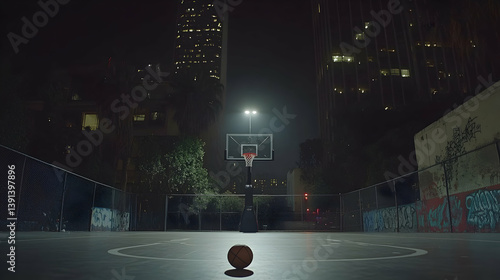 Night basketball court in city, ball in center.