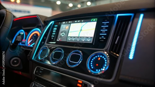Hydrogen fuel future concept. A modern car dashboard showcasing an advanced infotainment system with vibrant lighting and control interfaces.