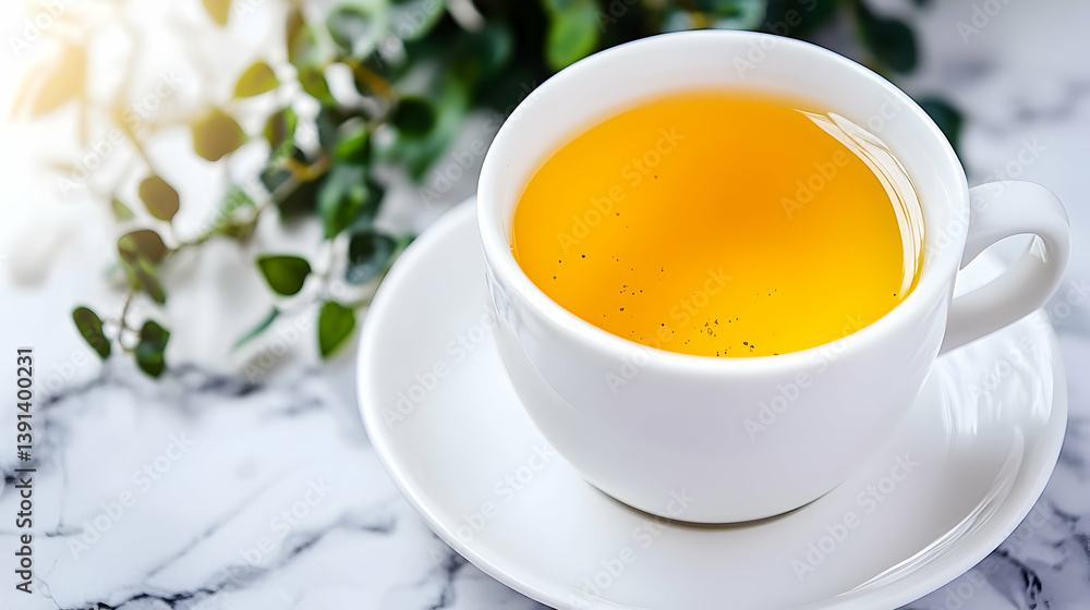 Close-up of a cup of golden tea on a marble surface, next to green foliage. Close-up of a cup of golden tea on a marble surface, next to green foliage.