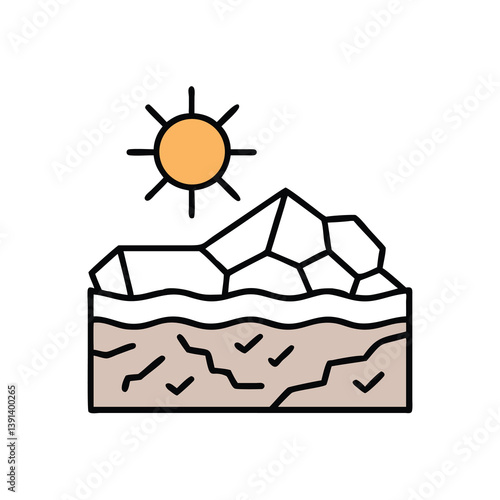 Drought Land With Sun Icon Depicting Dry Cracked Soil And Water Scarcity