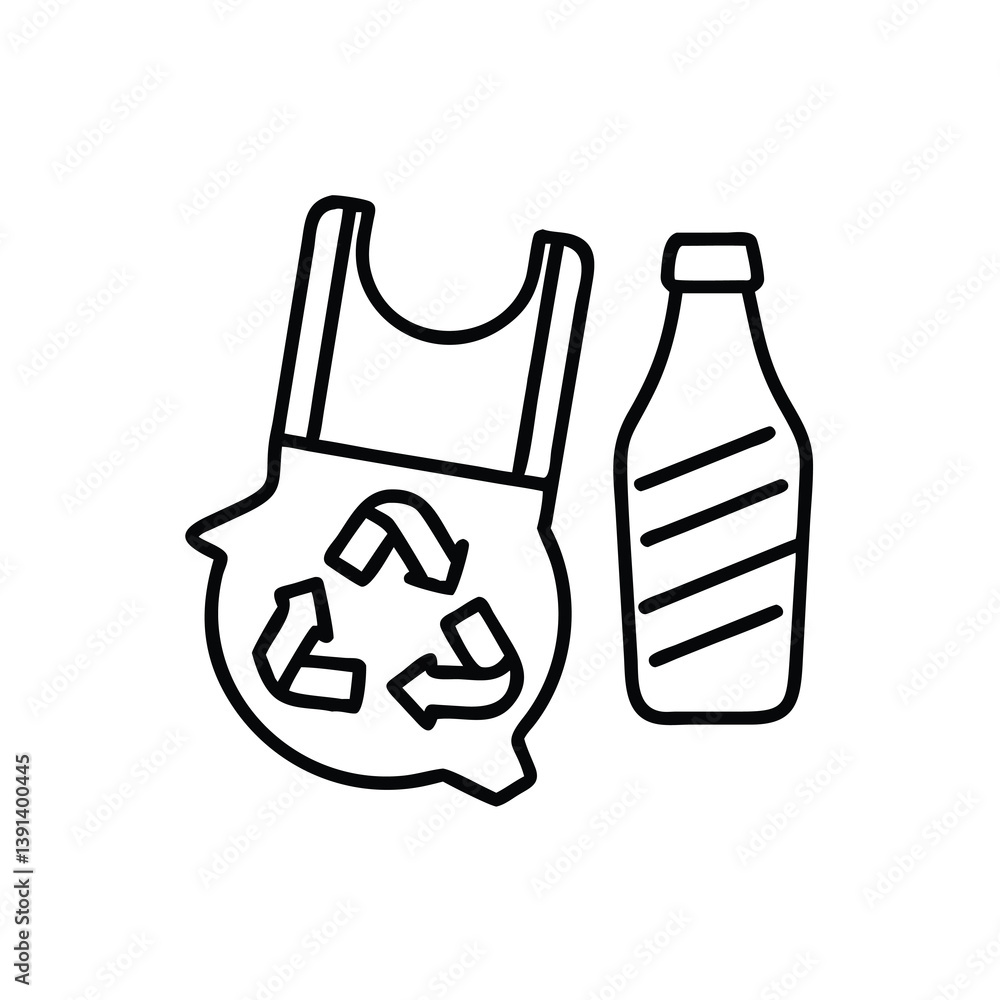Outline Illustration Of Recycling Bag And Plastic Bottle For Environment Concepts Outline Illustration Of Recycling Bag And Plastic Bottle For Environment Concepts