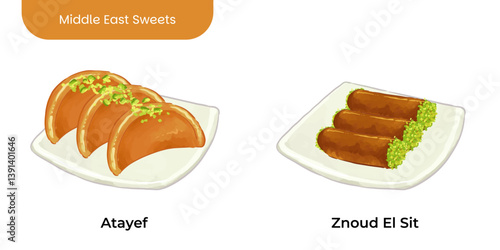 Middle East Sweets and Dessert Illustration Set Atayef Znoud El Sit
