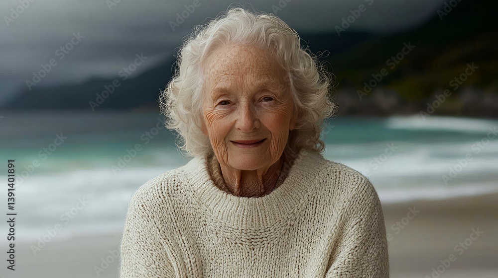 Smiling Elderly Woman on a Beach: A Portrait of Serenity and Wisdom Smiling Elderly Woman on a Beach: A Portrait of Serenity and Wisdom