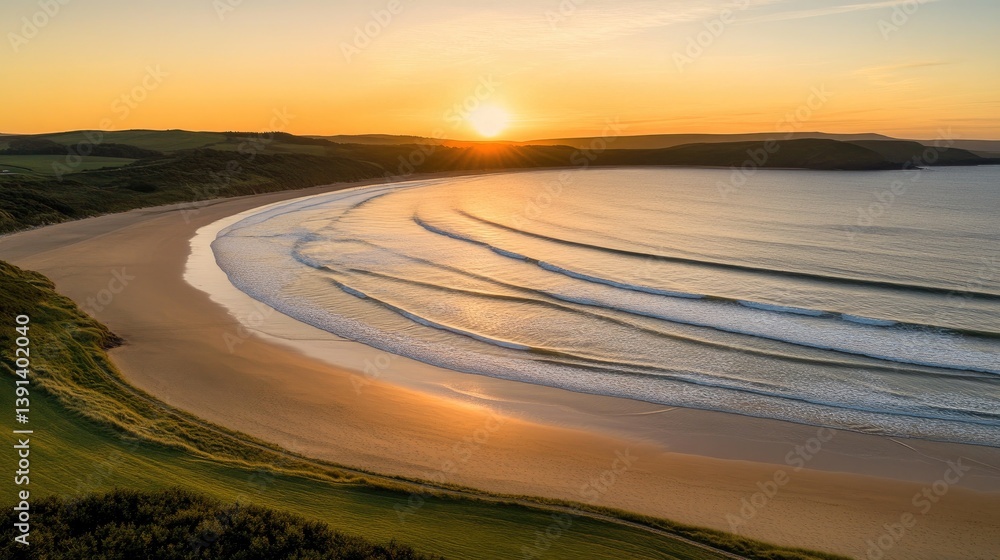 Fototapeta premium Sunset sky casting long shadows on the sea, with gentle waves forming abstract patterns